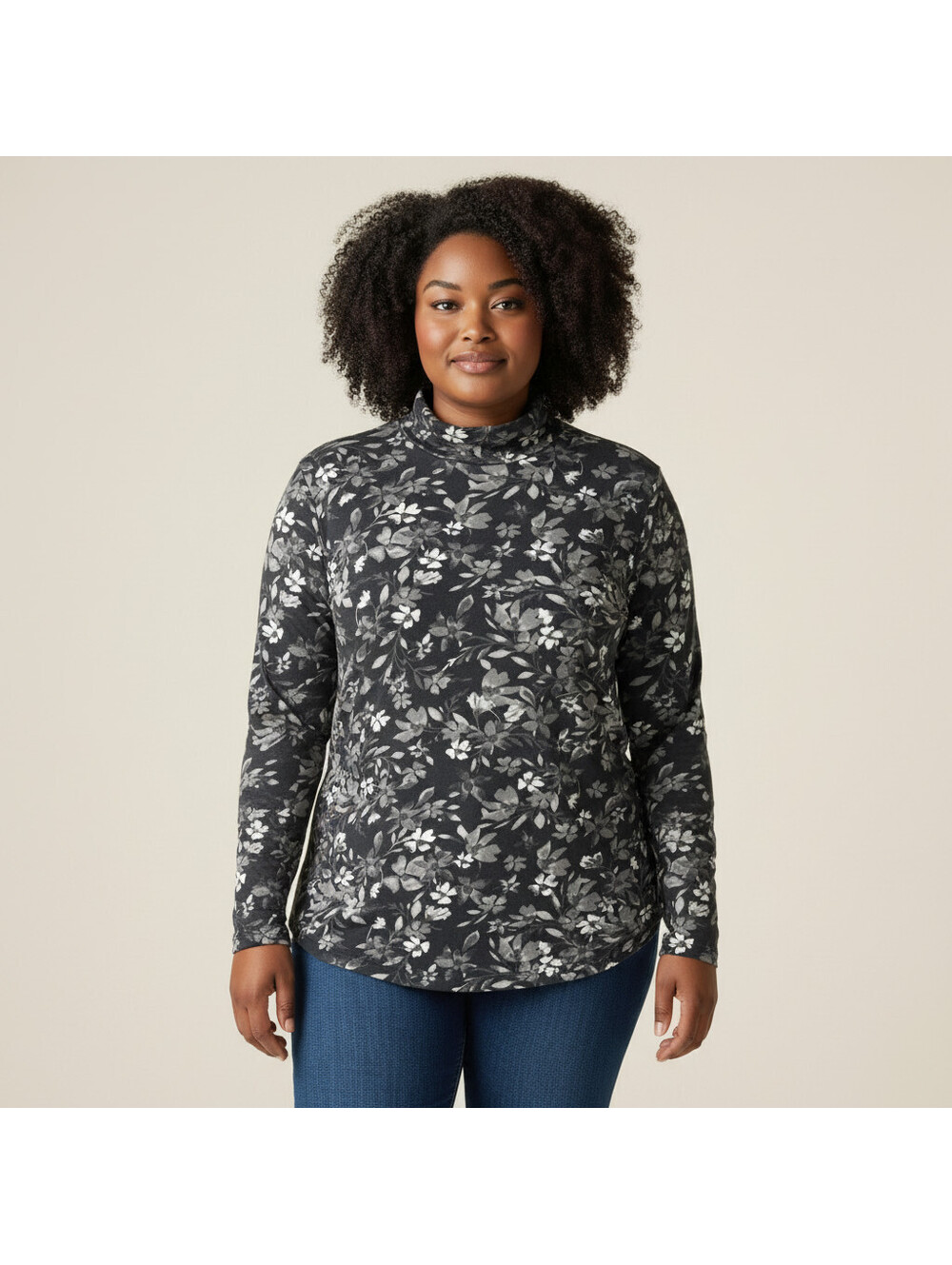 Coldwater Creek Sweater Pullover Women 1X Plus Black Floral Knit Turtleneck Soft
